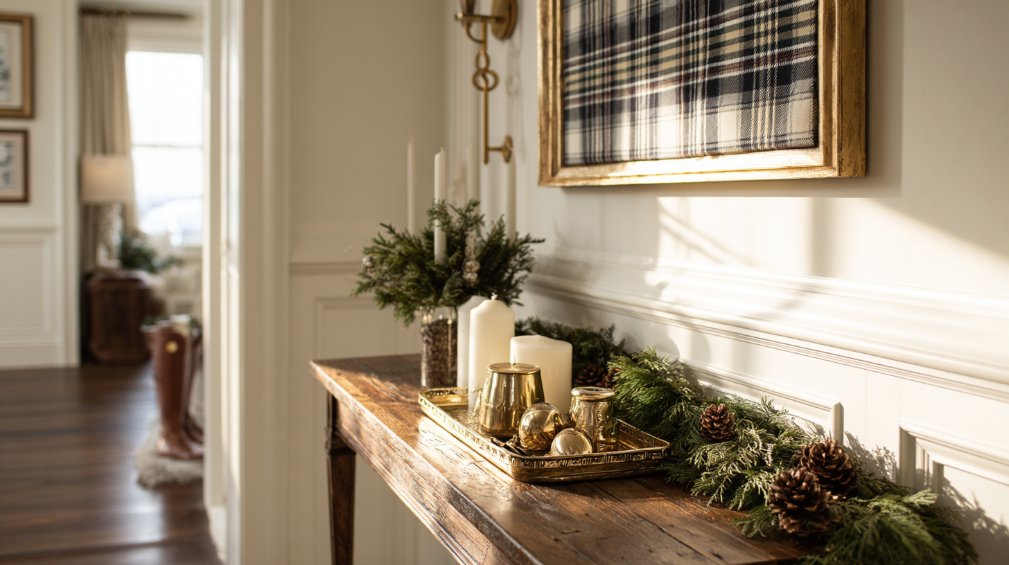Apartment entryway console styled with a brass tray, mixed-metal candles, evergreen garland with pinecones, and framed navy plaid artwork on a white wall.
