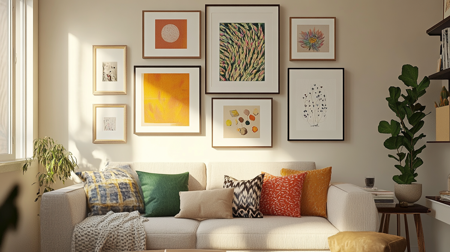 Cozy apartment living room with a gallery wall of framed art.