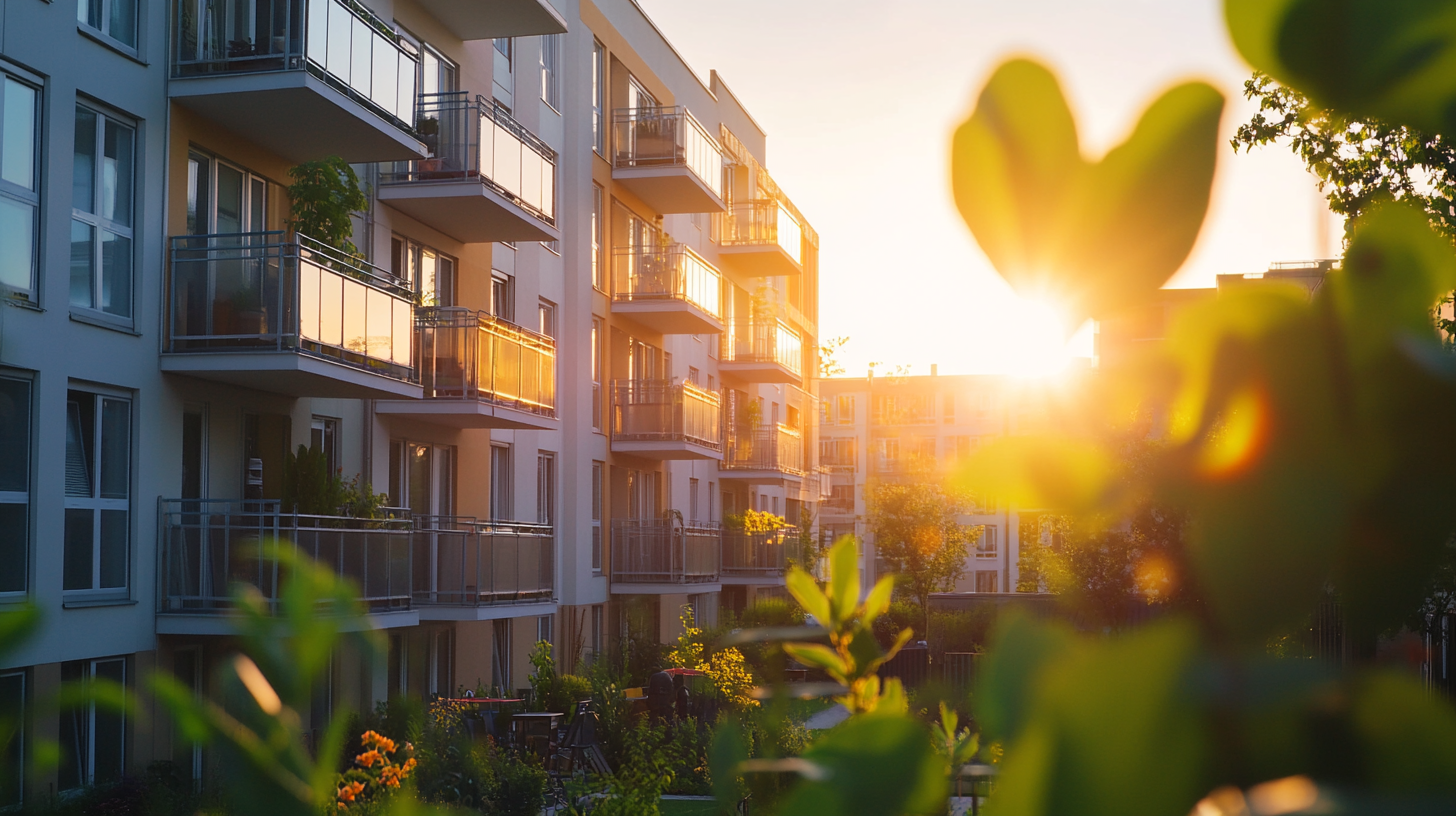 Connected apartment buildings featuring shared balconies, communal backyards, and vibrant greenery under a golden hour sunset in Milwaukee, Wisconsin.