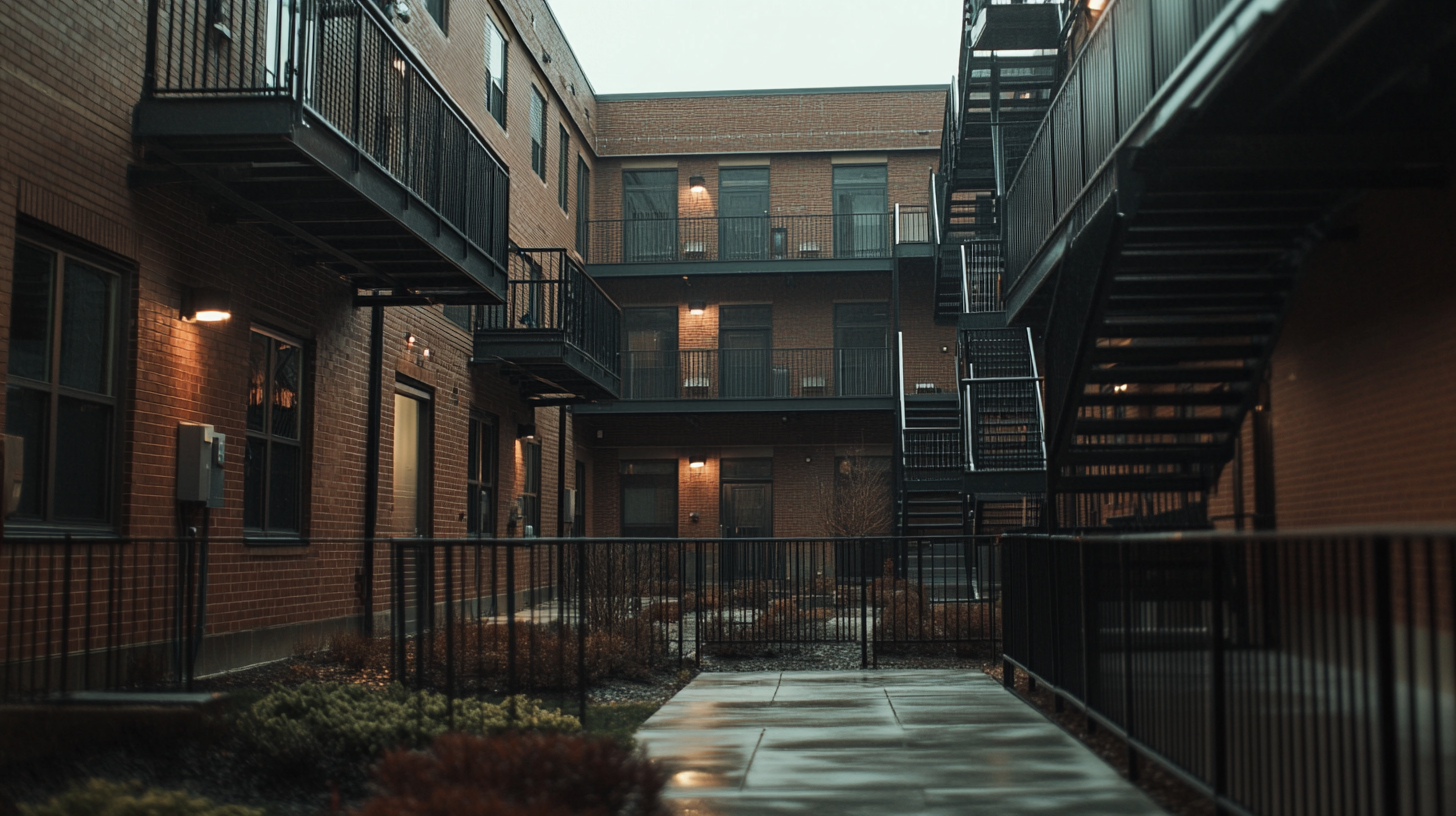 A courtyard-style apartment complex with open walkways, modern metal staircases, and warm lighting on a rainy day in an urban Milwaukee neighborhood.