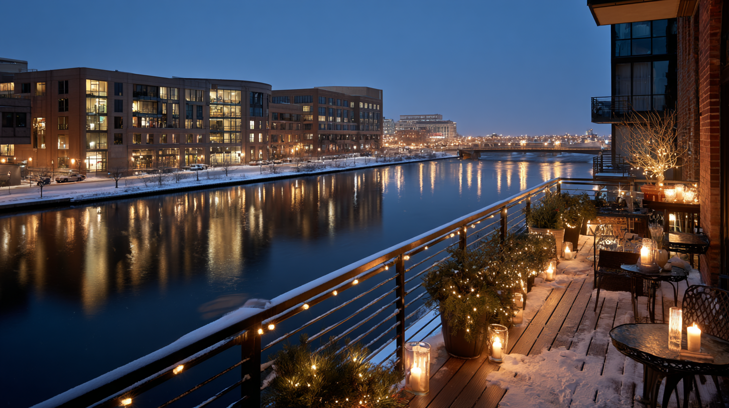 Snowy Wisconsin apartment balcony overlooking a river at dusk, styled with lantern candles, string lights, potted evergreens, and light dusting of snow on the railing.