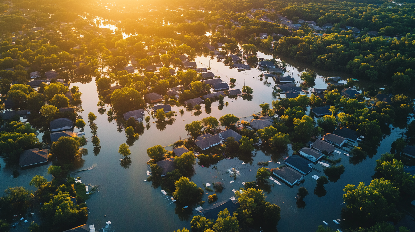 Neighborhood surrounded by floodwaters at sunrise, showing homes partially submerged.