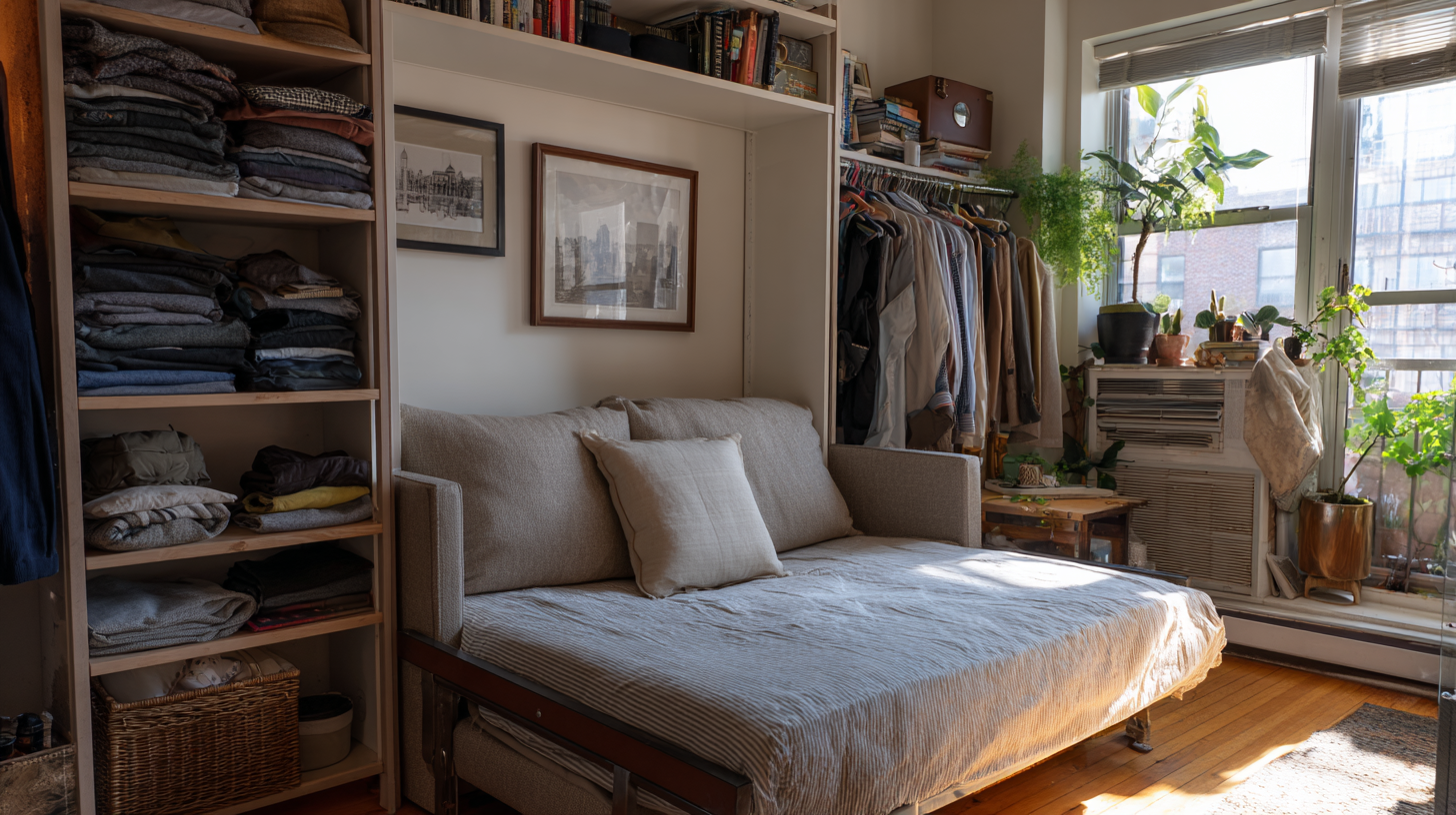 Multi-use couch turns into a bed in a small New York apartment. Foldable bed pulled out in the living room of a tiny NYC apartment.