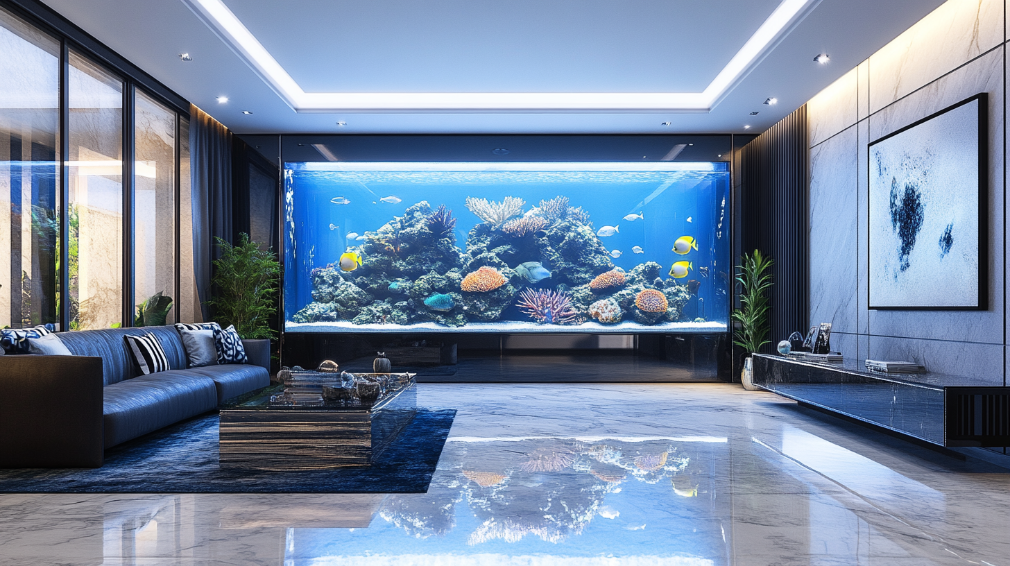 A sleek living room with a marble floor, black sofa, and a large built-in fish tank filled with coral and colorful fish.