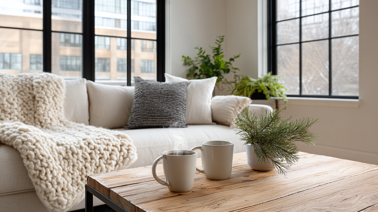 cozy drinks to warm you up on a rustic coffee table inside a sunlit Wisconsin apartment living room with chunky knit throw