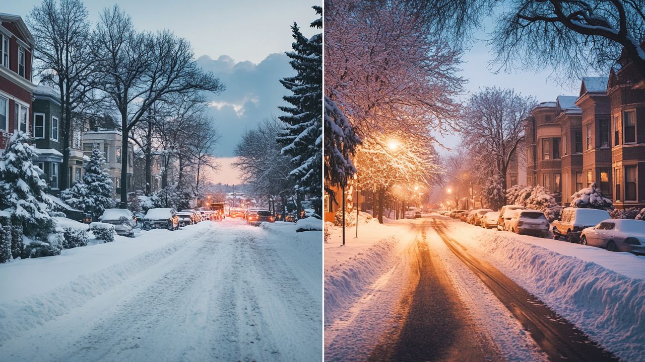 Snow-covered houses and trees in a Michigan neighborhood during winter.
