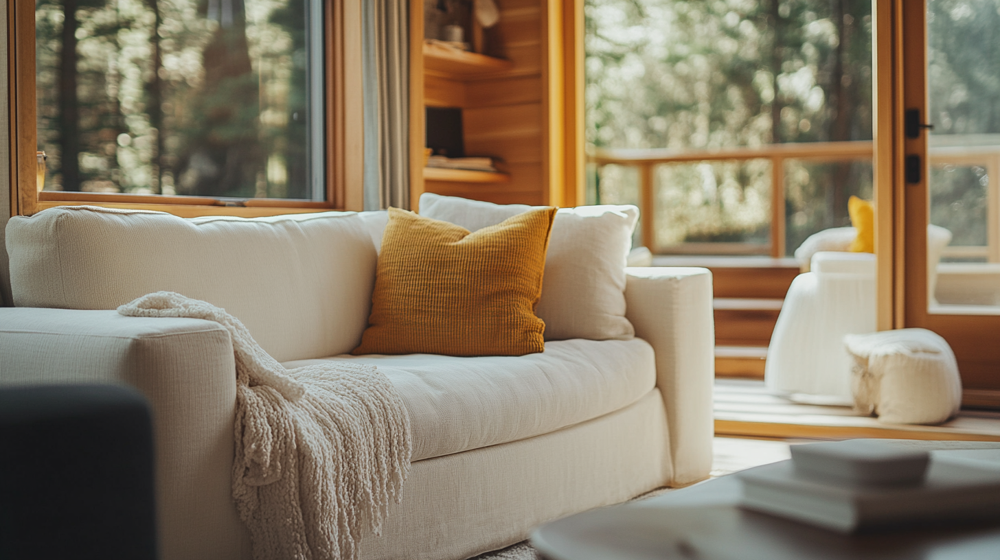 A cozy interior of a Scandinavian-style tiny cabin featuring a plush white couch, mustard yellow pillows, and large windows offering forest views.