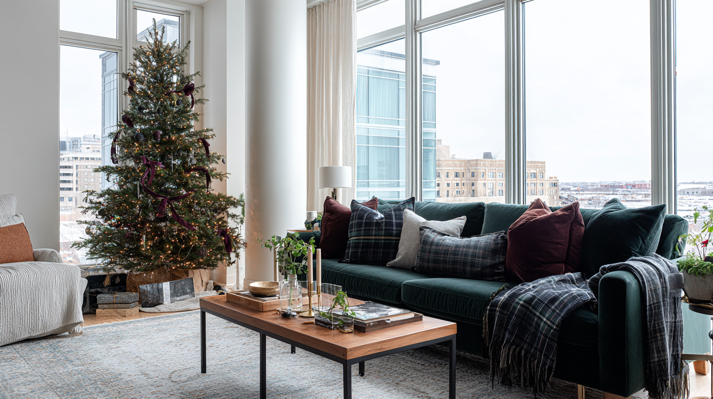 Milwaukee apartment living room with velvet green sofa, plaid pillows, and a jewel-toned Christmas