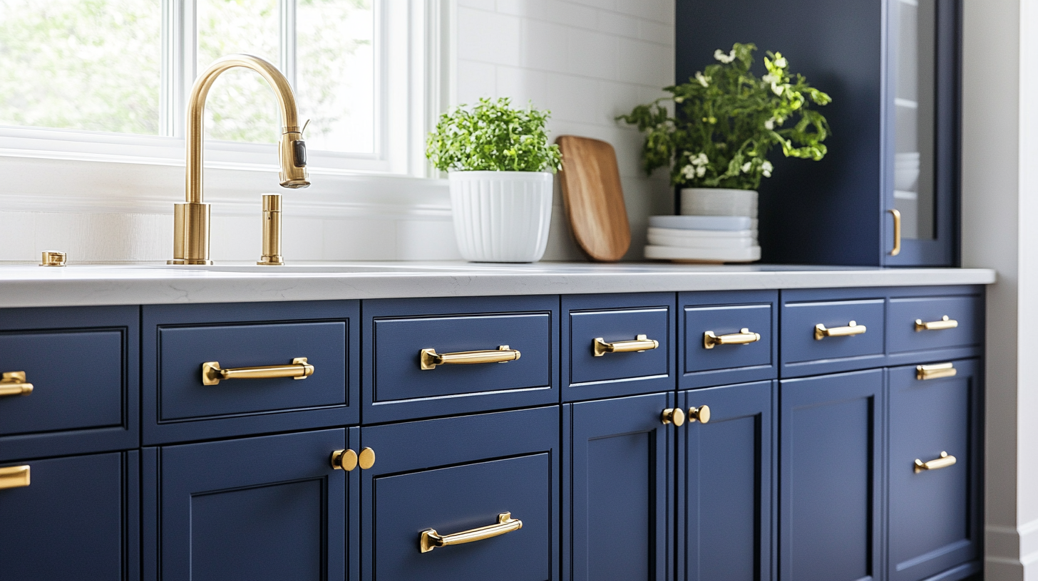 Modern kitchen with navy cabinets and brass hardware upgrade.