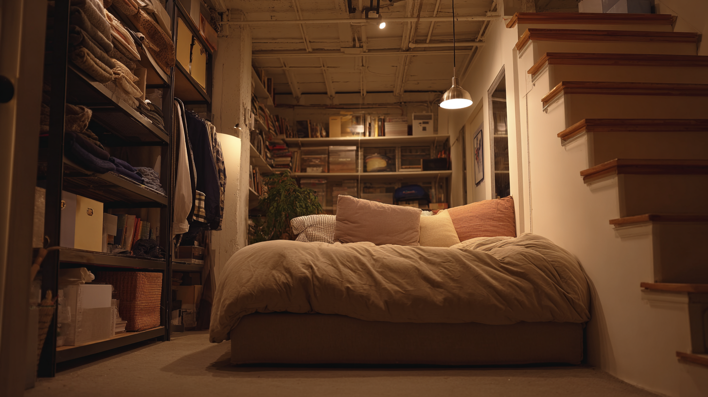 Small sleeping loft with minimal clearance inside a New York micro-apartment. Cozy loft bed with low ceiling and clothes hanging on the side in a tiny NYC apartment.