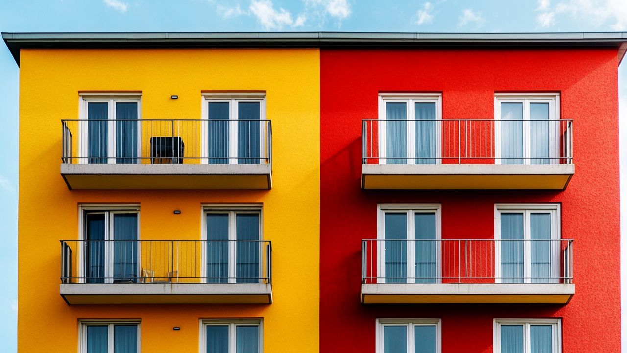 Modern apartment building with yellow and red exterior and balconies