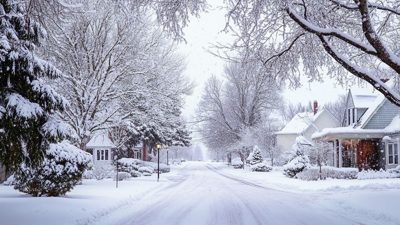 Snow-covered streets in a Minnesota neighborhood during winter, with trees lining the roads.