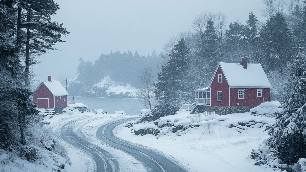 Aerial view of a snow-covered town in Maine with roads and buildings blanketed in white.