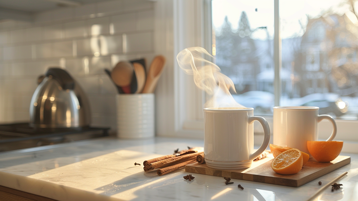 steaming winter drink with cinnamon and orange in a bright Milwaukee apartment kitchen, ideal for cozy drinks to warm you up