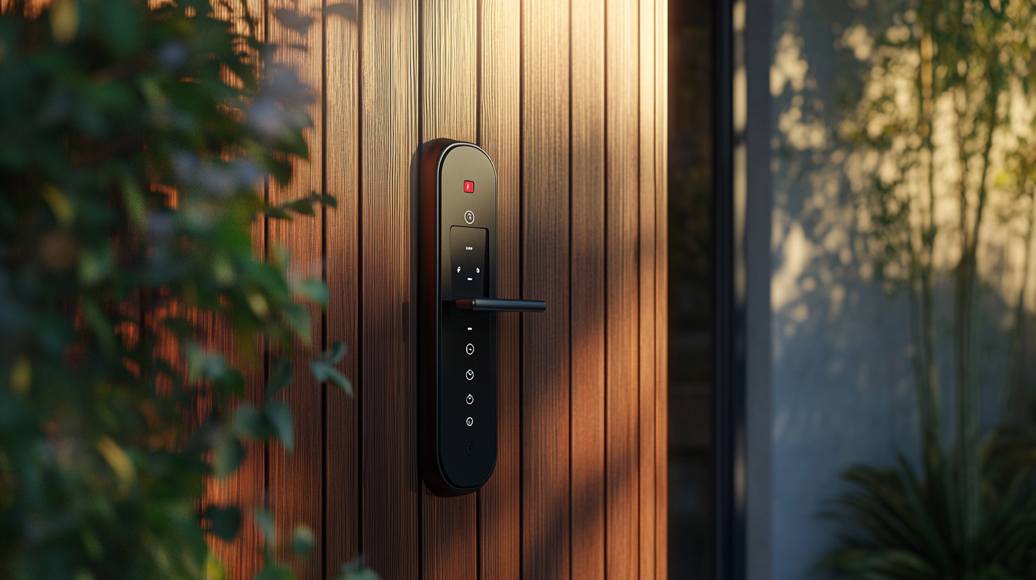 Close-up of a digital lock system on a sleek wooden door, showcasing smart technology and minimalist design.