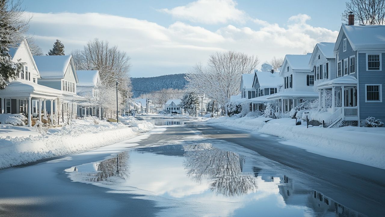 A snow-covered house along a winding road in rural New Hampshire during a snowstorm.