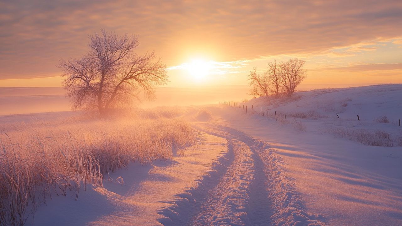 A winter sunrise over a snowy path in North Dakota with frosted trees.