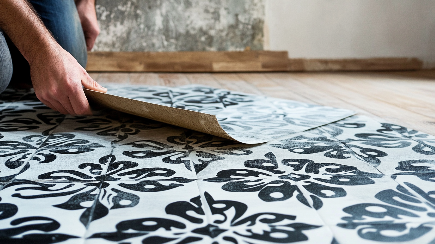 Hands applying black-and-white peel-and-stick floor tiles.