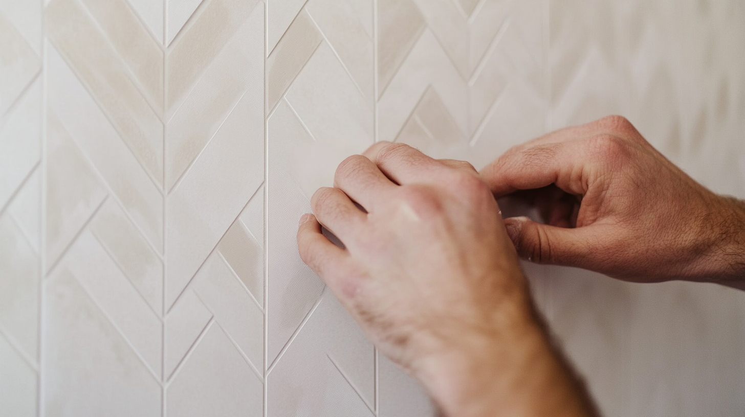 Hands installing peel-and-stick backsplash tile in a herringbone pattern.