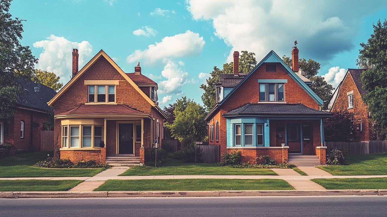  Two traditional houses with brick exteriors and front lawns in a suburban neighborhood