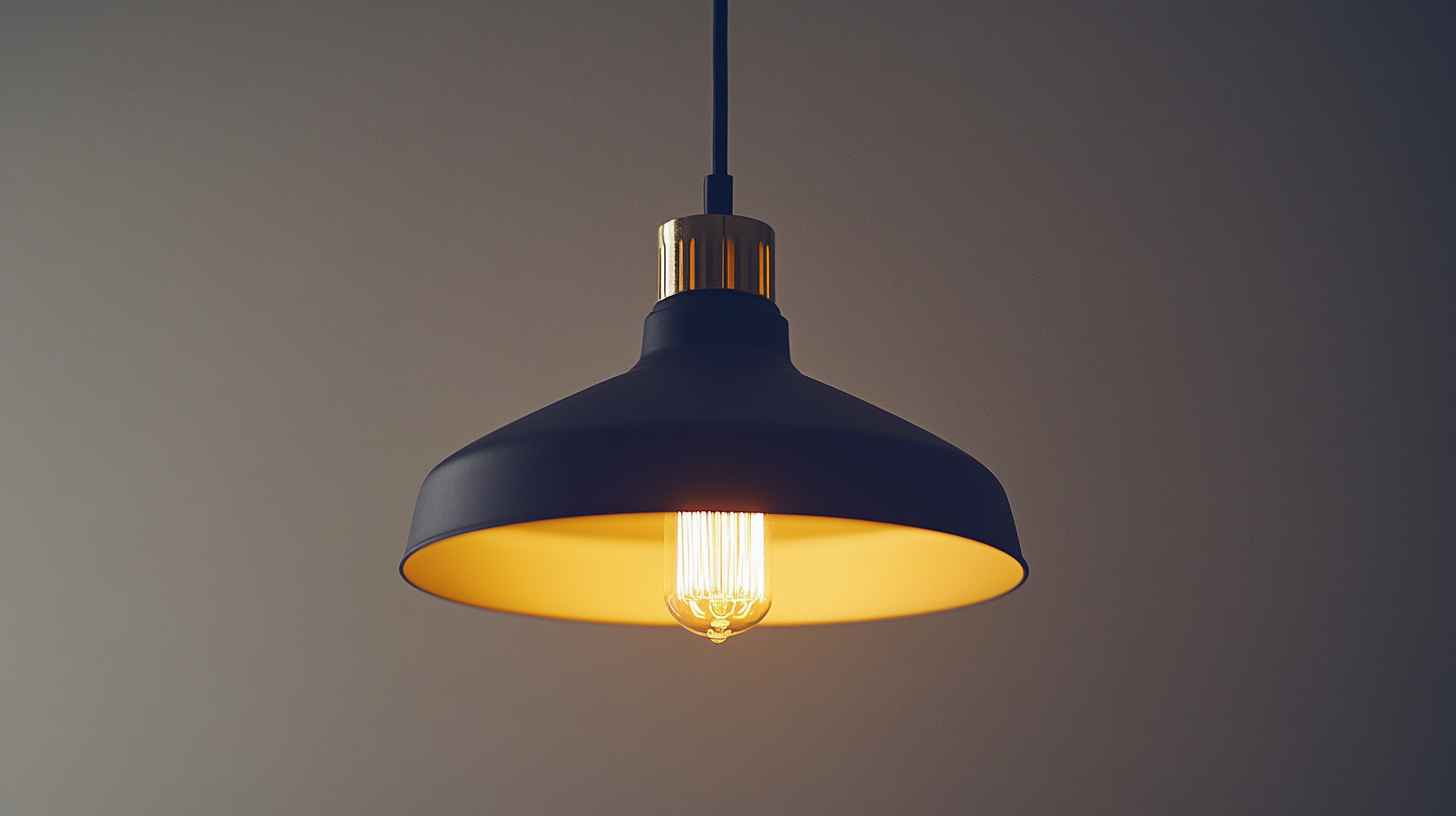 Modern pendant light with a black shade and brass accent.