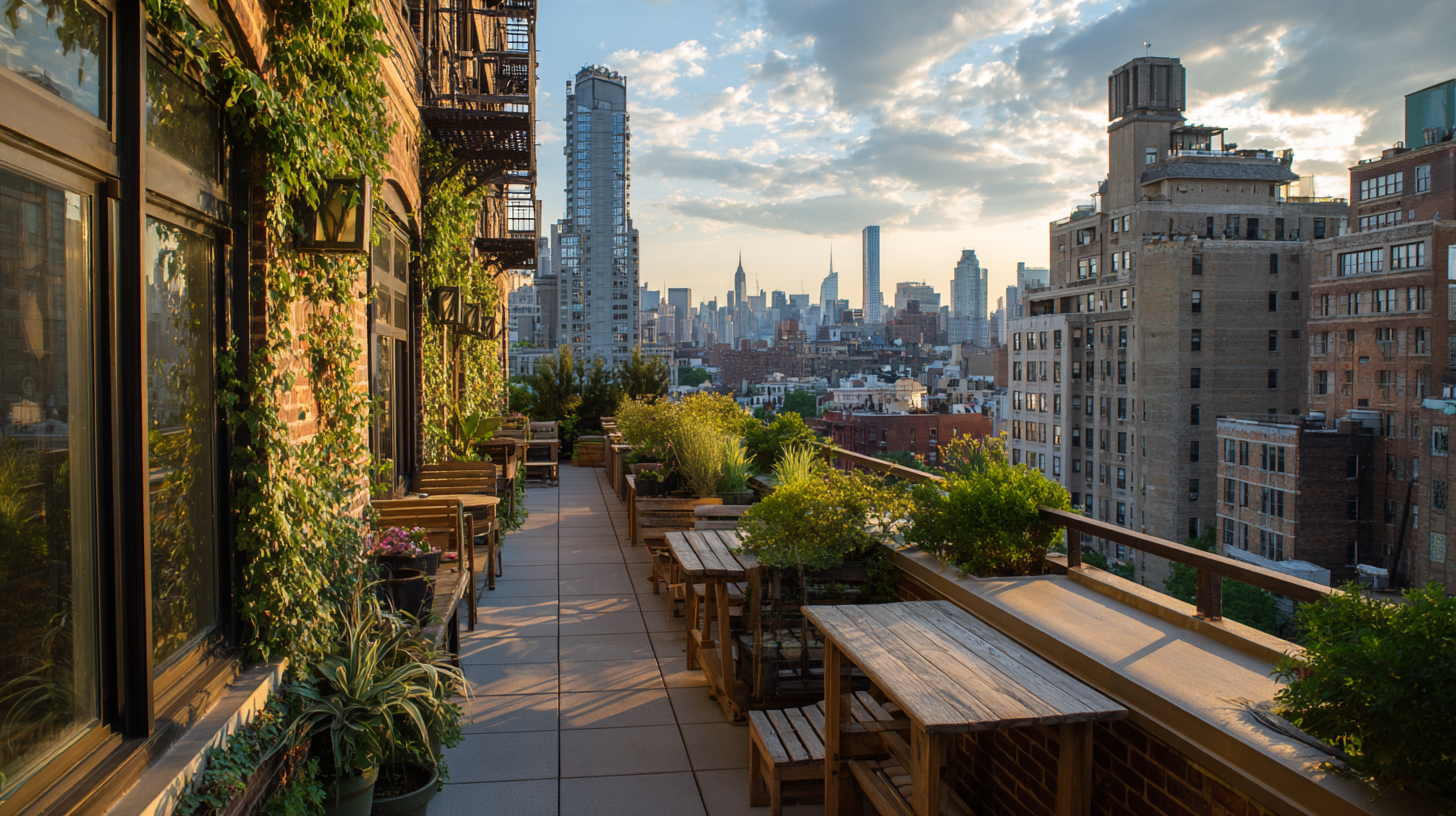Rooftop view from a small NYC apartment with greenery and quiet space. Rooftop with chairs and potted plants overlooking NYC skyline.