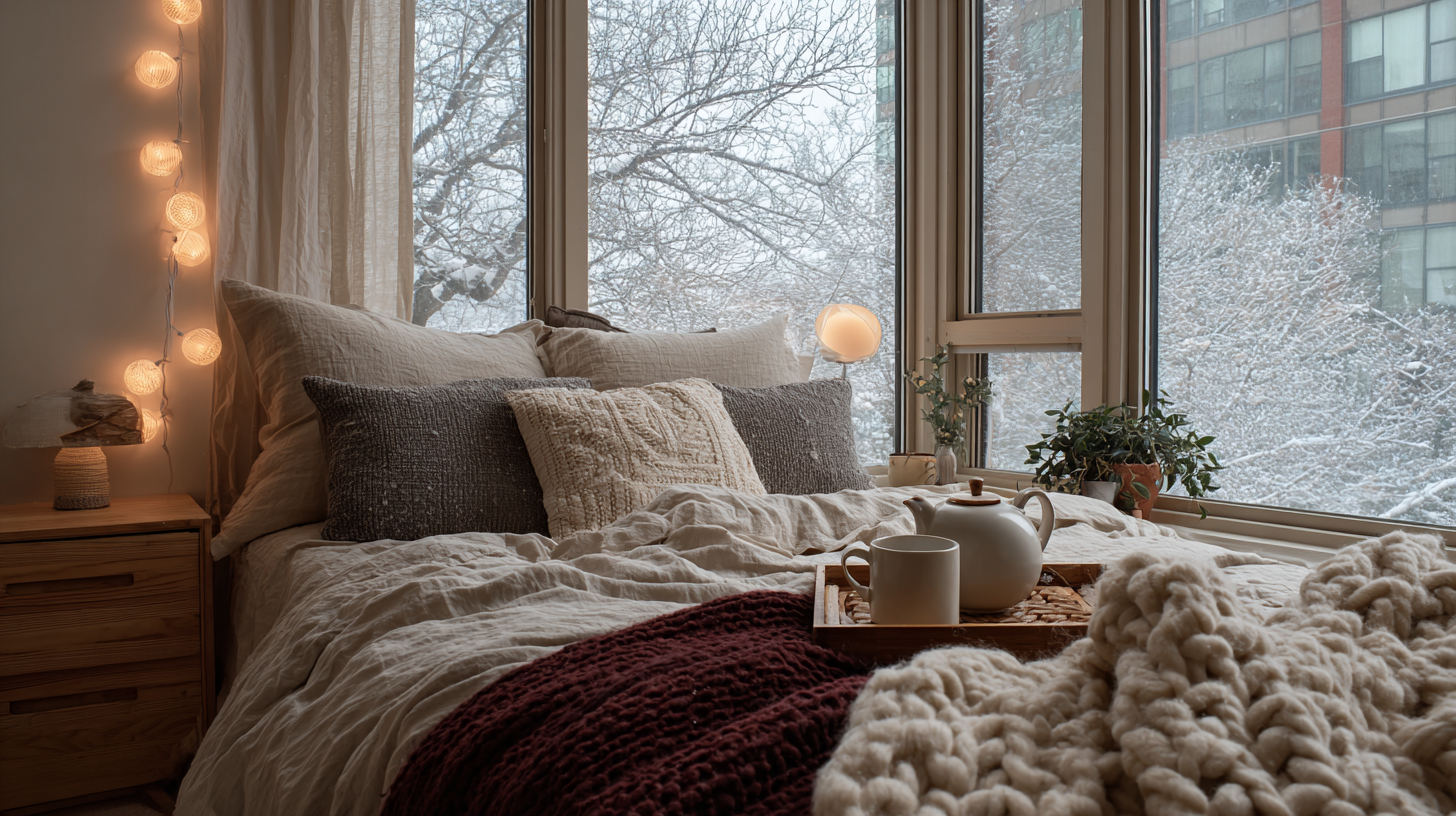 cozy drinks to warm you up on a wooden tray beside knit blankets in a Madison apartment bedroom with snowy window view