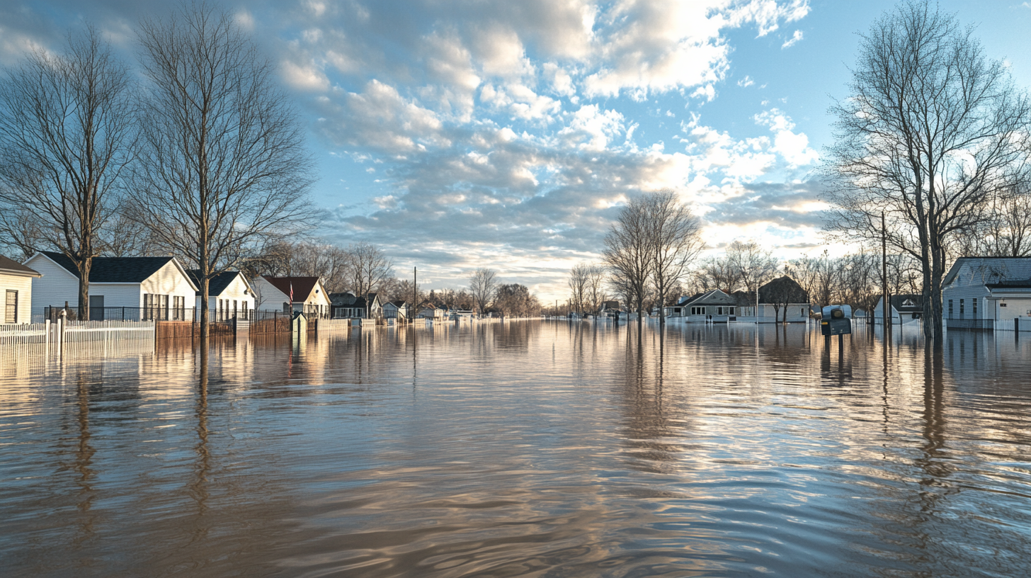 Suburban street lined with houses and trees partially submerged in floodwaters under a cloudy sky.