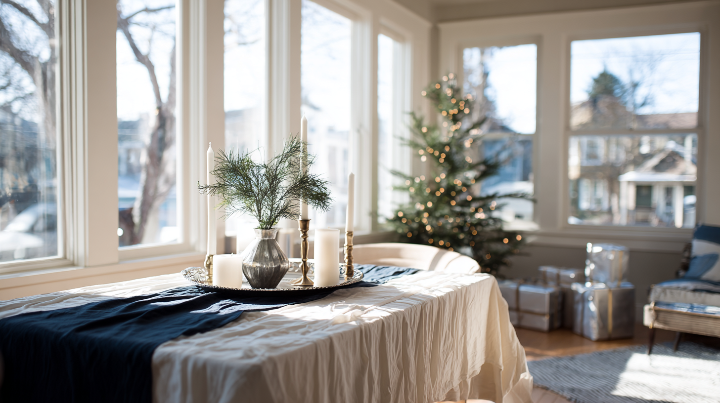 Sunlit Wisconsin apartment dining nook with ruched tablecloth, navy runner, brass candlesticks and evergreens; blurred Christmas tree and gifts by the windows.