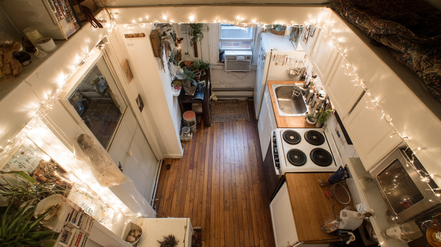 Overhead view of a tiny NYC apartment with a narrow kitchen, hardwood floors and white cabinets.