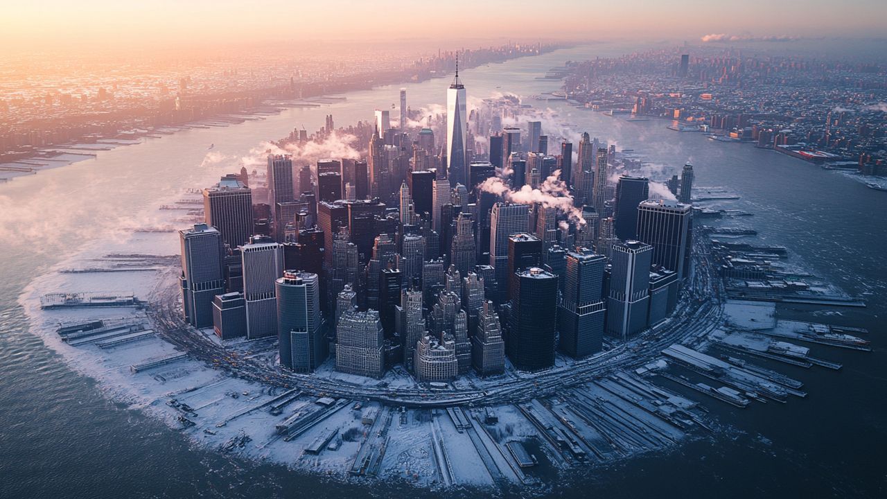 Aerial view of New York City covered in snow during a cold winter morning.