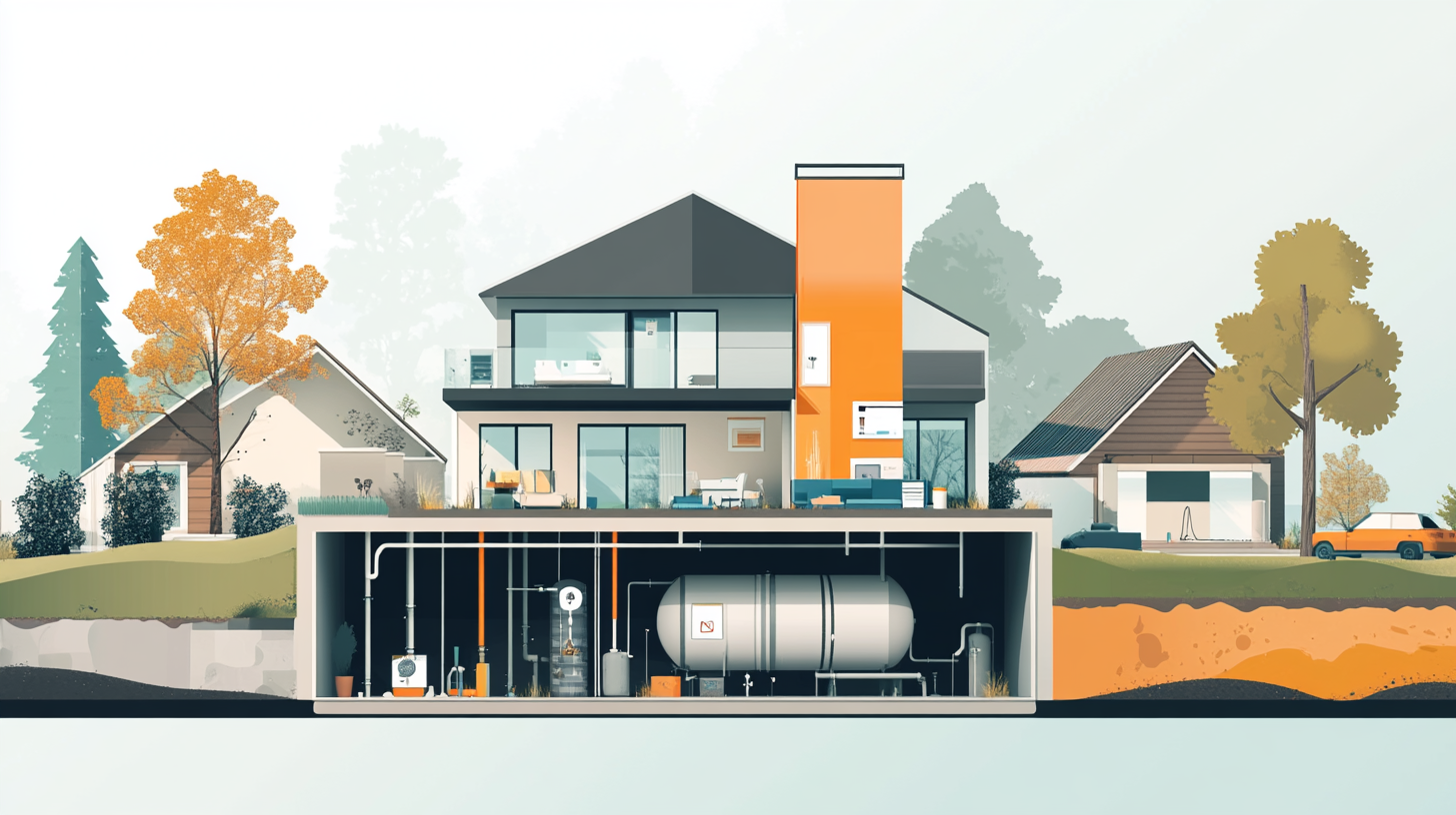 ross-sectional diagram of a house with an underground oil tank and labeled piping, emphasizing risks of soil contamination.