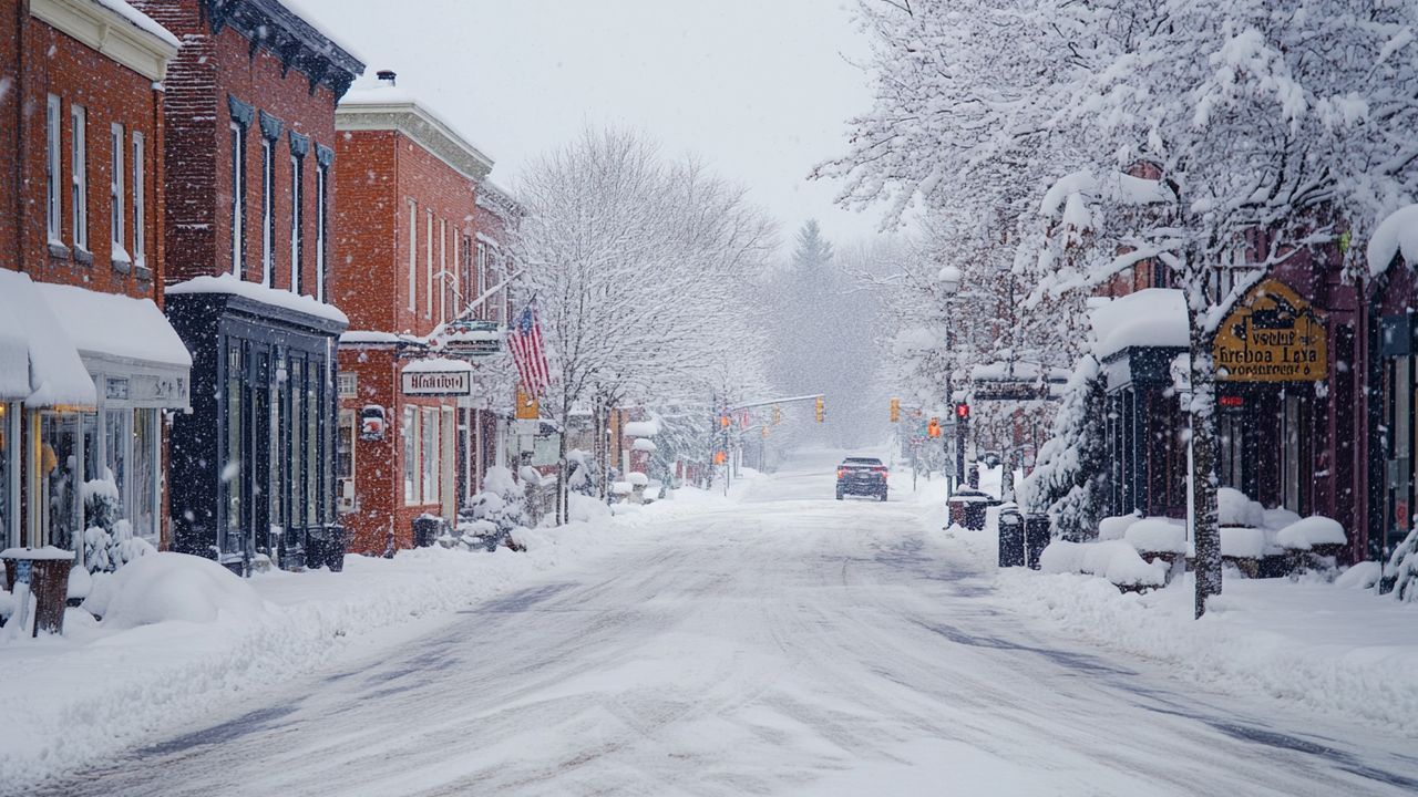 A quiet street in Vermont lined with snow-covered trees and cars during winter.