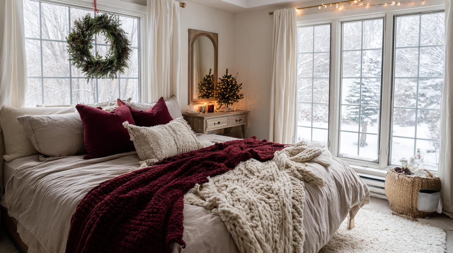 Cozy Wisconsin apartment bedroom with burgundy knit throw, chunky ivory blanket, mini lit tree on a wood dresser, wreath in the window, and snowy trees outside.