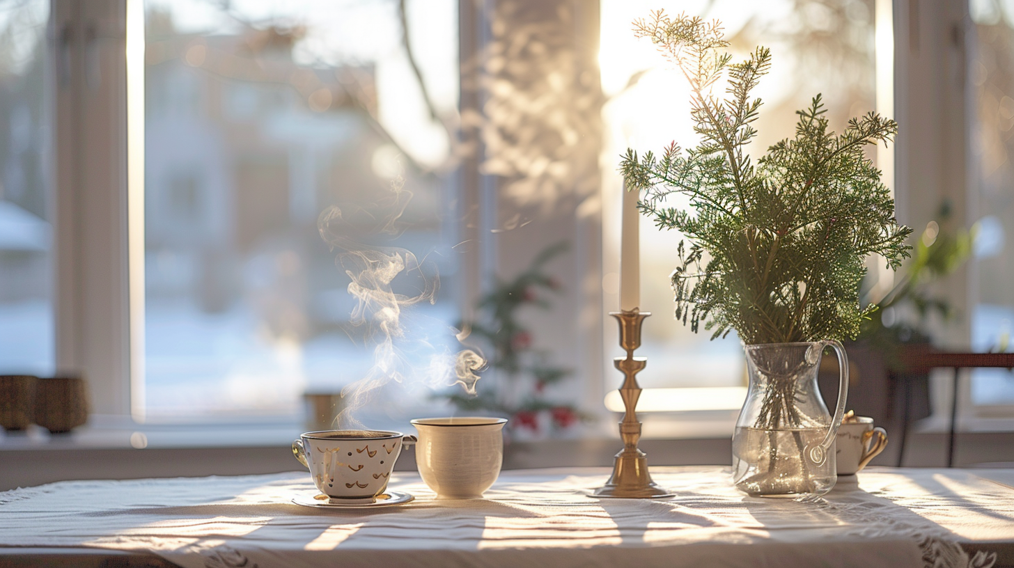 cozy drinks to warm you up in a Shorewood WI apartment dining nook with morning light