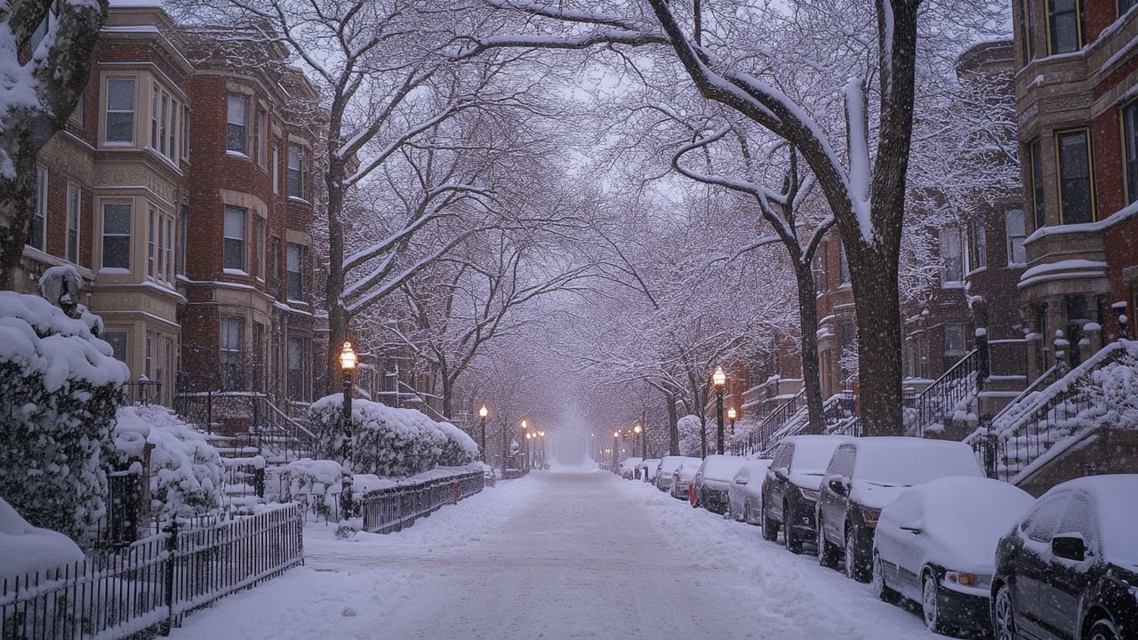 Snow-covered buildings and streets in Wisconsin during winter, with snow-capped trees lining the road.