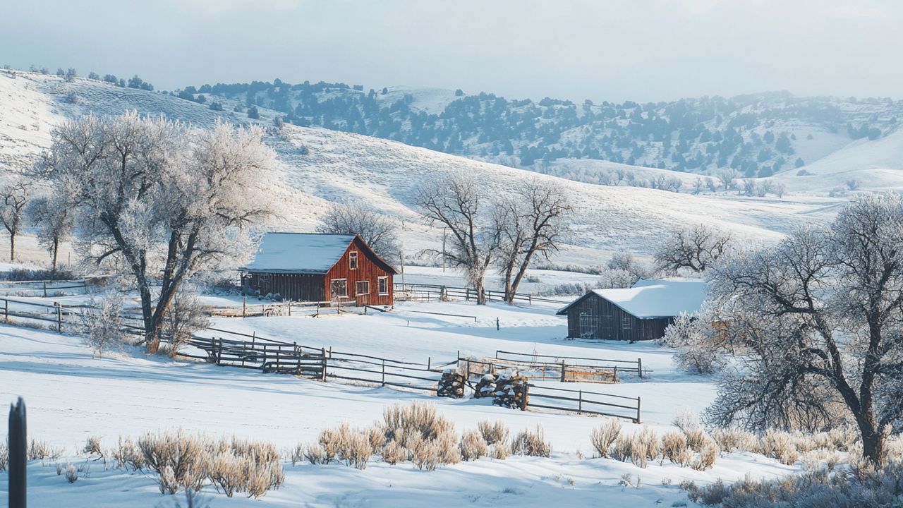 A snow-covered town in Wyoming with mountains in the background under a cloudy sky.