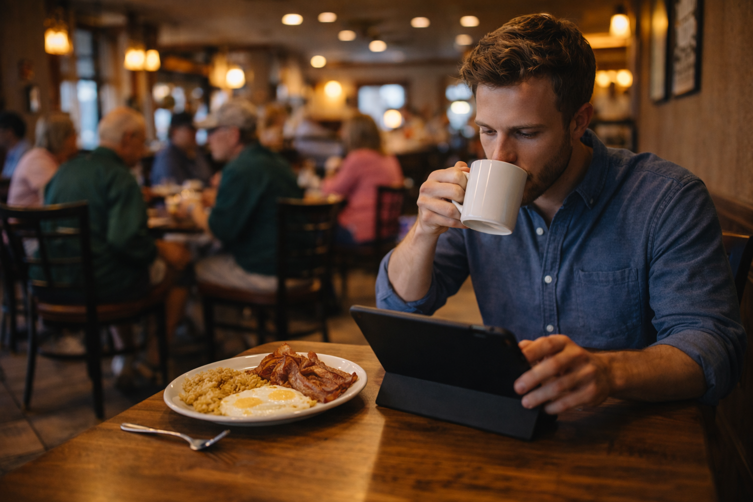A young professional working on a tablet while enjoying breakfast and coffee at a cozy local cafe in Green Bay.
