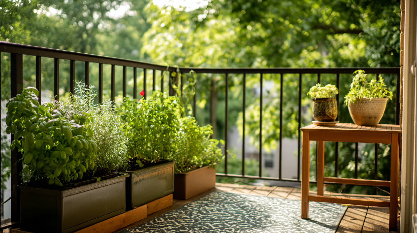 Small apartment balcony garden with potted herbs in Wisconsin during summer.