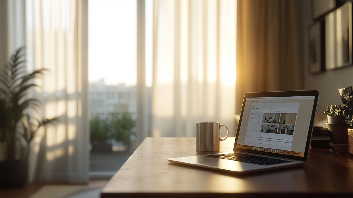 Cozy modern apartment table with a laptop open to apartment listings and a mug beside it.