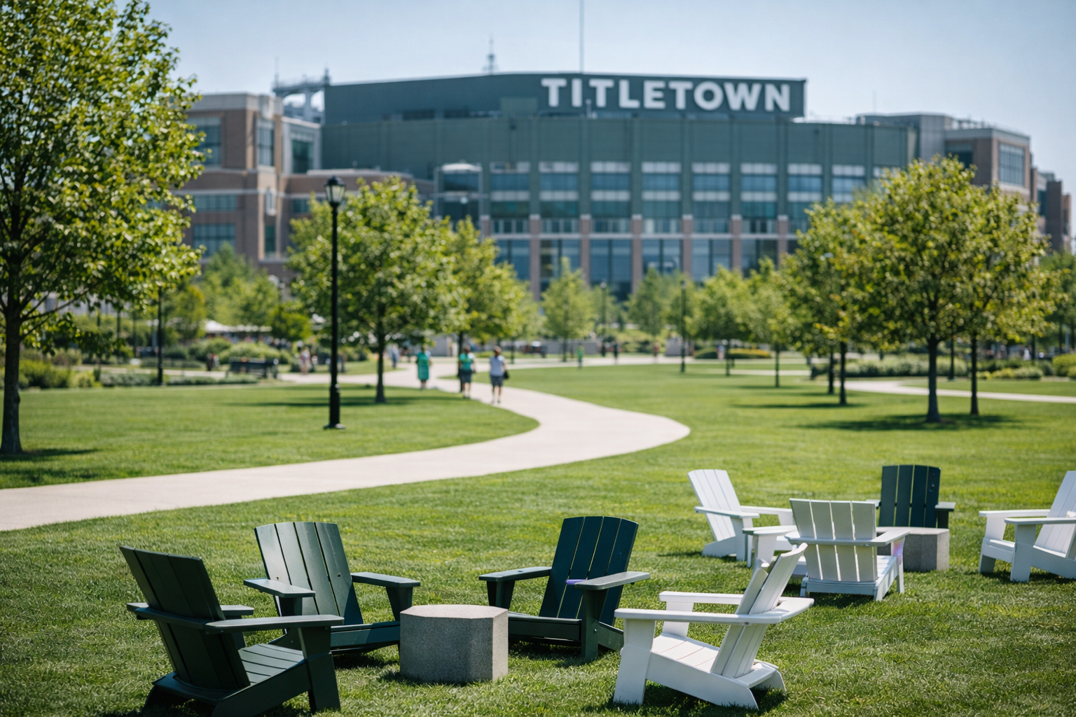 A modern green space and walking path in the Titletown District with Lambeau Field softly visible in the background.
