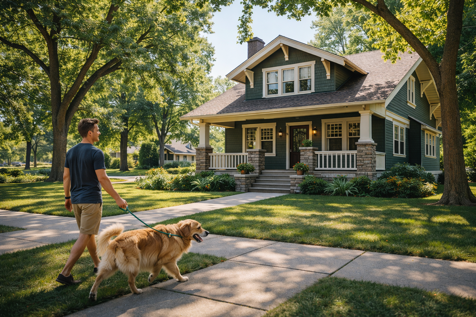 A resident walking a dog past a historic Craftsman home on a tree-lined street in the Astor Park neighborhood.