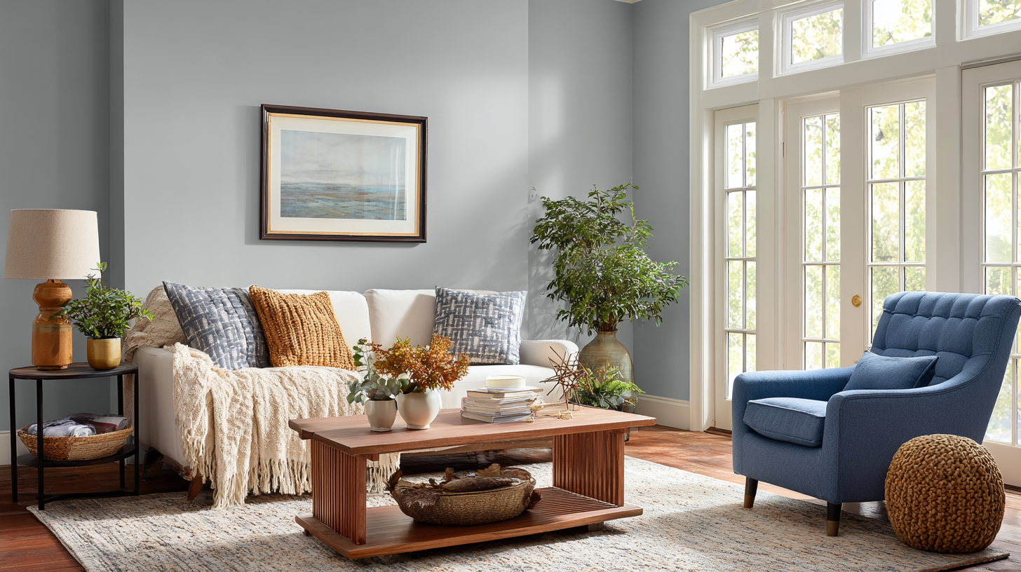 Transitional living space with blue and neutral tones showing cohesive home color combinations