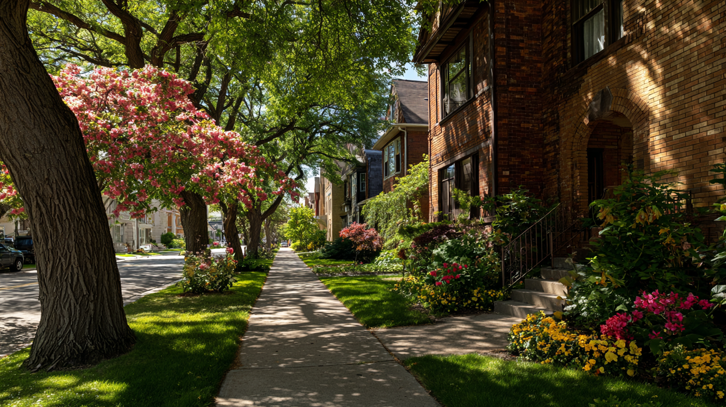 A quiet residential street in Milwaukee’s Bay View neighborhood lined with red brick homes and blooming summer trees