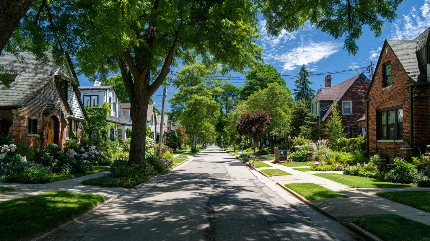 Tree-lined residential street in Milwaukee’s Bay View neighborhood with charming brick homes and lush summer gardens