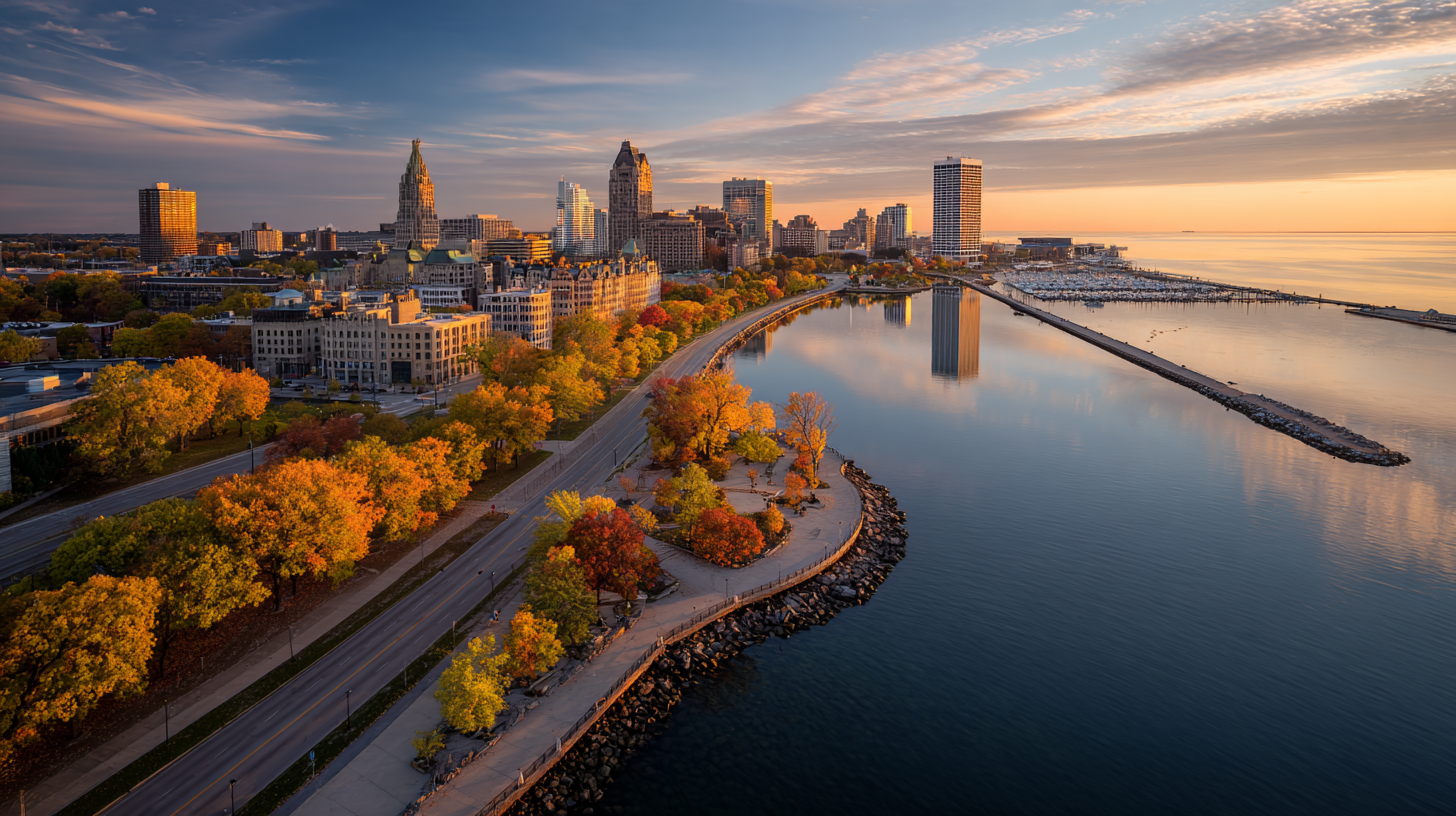 Aerial view of Milwaukee’s downtown skyline and lakefront during golden hour, showing colorful fall