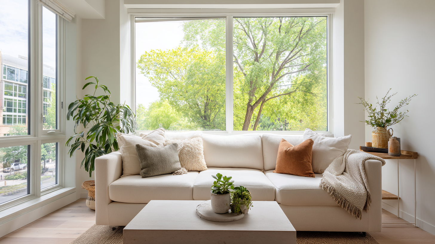 Bright and cozy apartment living room in Milwaukee with large windows and natural light