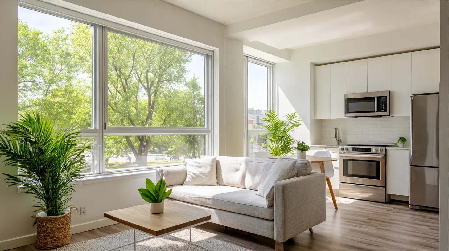 Sunlit interior of a small Milwaukee apartment with a cozy living and kitchen space Bright and modern studio apartment in Milwaukee with large windows, white walls, and sunlight streaming in