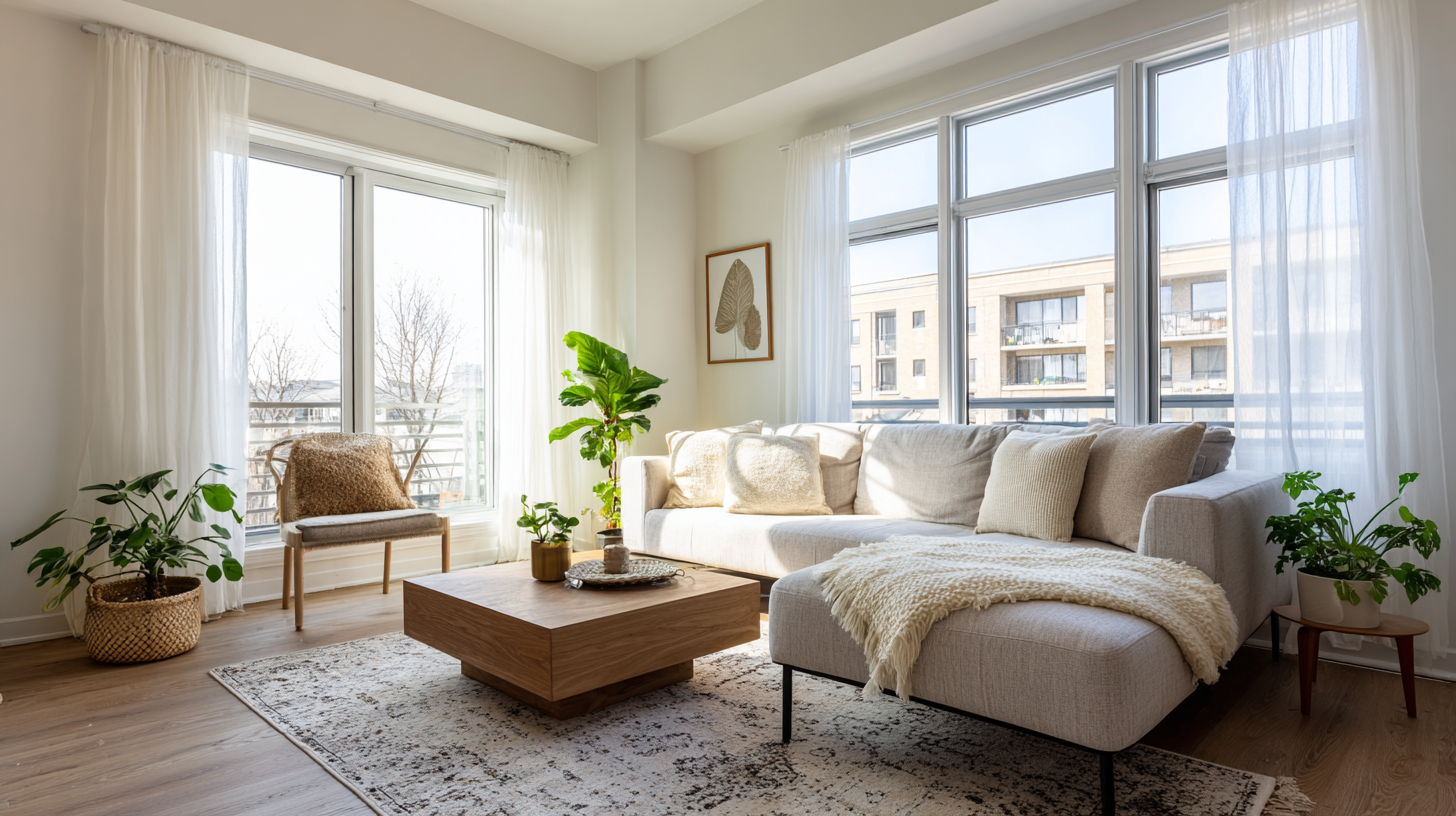 Bright modern apartment living room in Milwaukee with natural light and cozy decor.