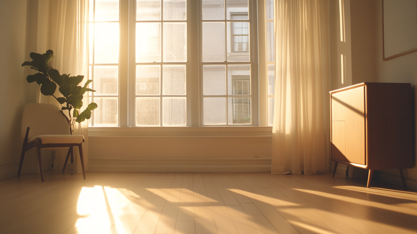 Natural light filling a sunny apartment Empty living room with large south-facing windows and golden sunlight on light wooden floors